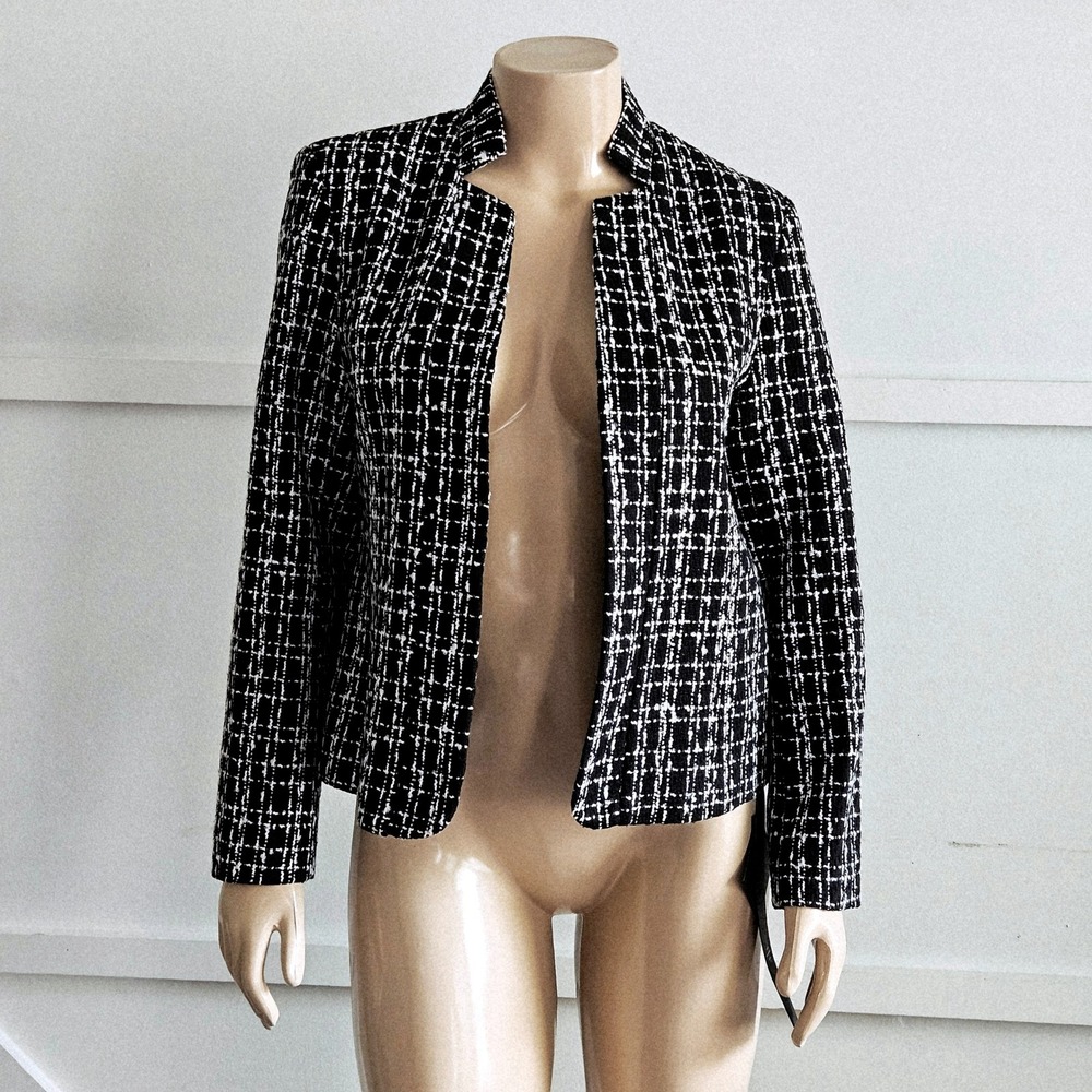 Mina Self Black White Box Tweed Open Front Blazer Stand Collar Jacket Sz M NEW